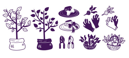 Garden farm flower plant agriculture wheelbarrow isolated set. Vector graphic design illustrationのイラスト素材