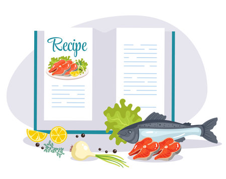 Recipe culinary cooking book healthy cookbook food diet menu concept. Vector flat graphic design illustrationのイラスト素材