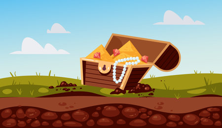Treasure pirate chest antique landscape concept. Vector flat graphic design illustrationのイラスト素材