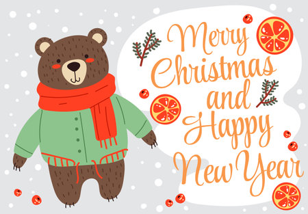 Merry Christmas and Happy New Year winter animal cute banner poster concept. Vector flat graphic design illustrationのイラスト素材