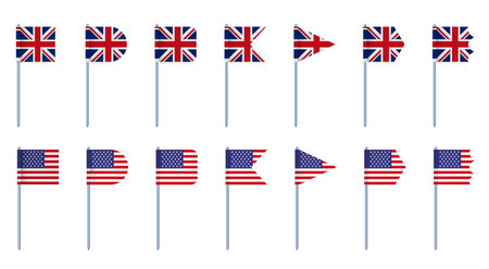 UK USA British American union flags isolated set. Vector flat graphic design illustrationのイラスト素材