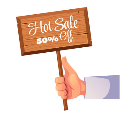 Hand arm hold sale discount wooden card board concept. Vector flat graphic design illustrationのイラスト素材