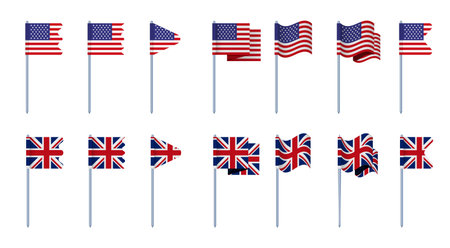 UK USA British American union flags isolated set. Vector flat graphic design illustrationのイラスト素材