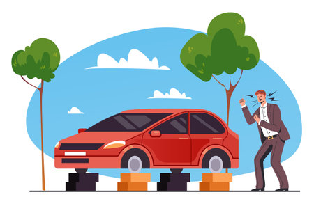Thief stole car wheels robbery road concept. Vector flat graphic design illustrationのイラスト素材
