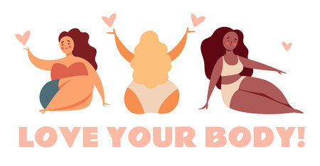Body positive women acceptance fat bikini concept. Vector flat graphic design illustrationのイラスト素材
