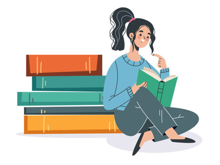 Woman girl people read book library learn knowledge education concept. Vector flat graphic design illustrationのイラスト素材