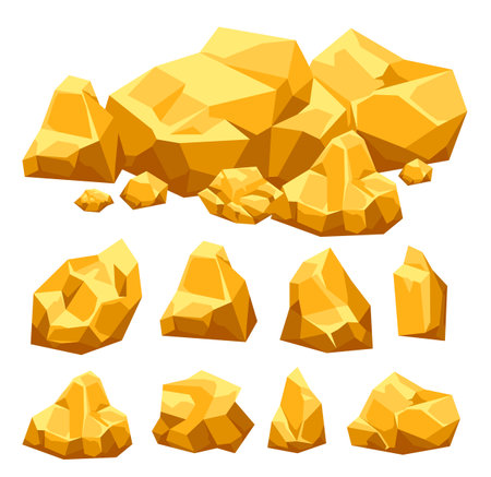 Gold golden stone mine rock pile goldmine material heap concept. Vector flat graphic design illustrationのイラスト素材