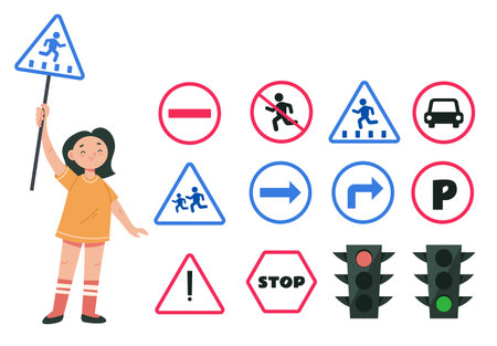 Children child hold road traffic sign isolated set. Vector flat graphic design illustrationのイラスト素材