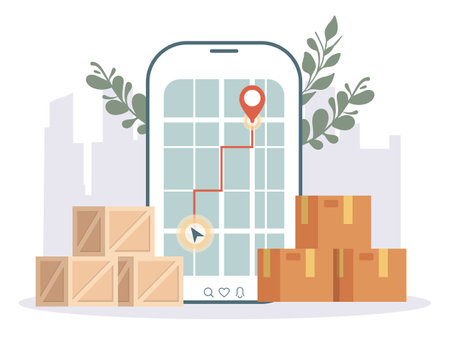 Delivery truck van online order courier box logistics track concept. Vector flat graphic design illustrationのイラスト素材