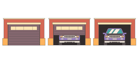 Garage home house door open steps parking front view isolated set. Vector flat graphic design illustrationのイラスト素材