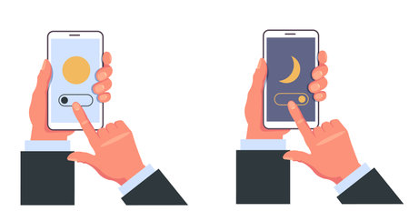 Hand hold phone with day and night mode app screen isolated set. Vector flat graphic design illustrationのイラスト素材