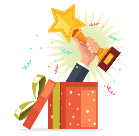 Gift box with hand arm winner prize celebration present surprise concept. Vector flat graphic design illustrationのイラスト素材