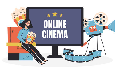 Online cinema film video movie technology internet media concept. Vector flat graphic design illustrationのイラスト素材