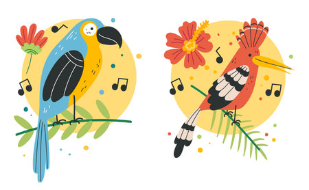 Jungle tropical birds parrot animal art exotic isolated set. Vector flat graphic design illustrationのイラスト素材