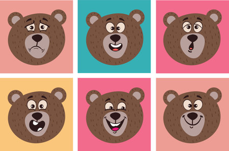 Bear teddy face cute character emotion expressions isolated set. Vector flat graphic design illustrationのイラスト素材