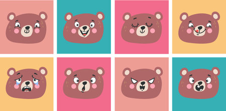 Bear teddy face cute character emotion expressions isolated set. Vector flat graphic design illustrationのイラスト素材