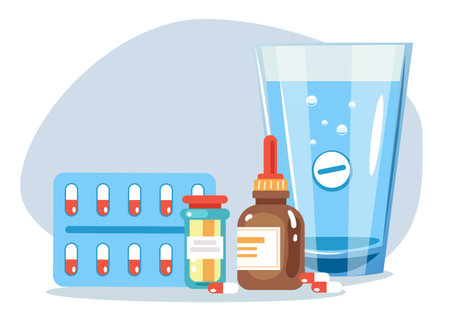 Pharmacy taking medical pharmacist pain pill medicine concept. Vector flat graphic design illustrationのイラスト素材