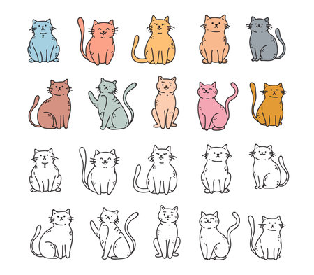 Cat pet cute animal character drawing doodle line art isolated set. Vector flat graphic design illustrationのイラスト素材