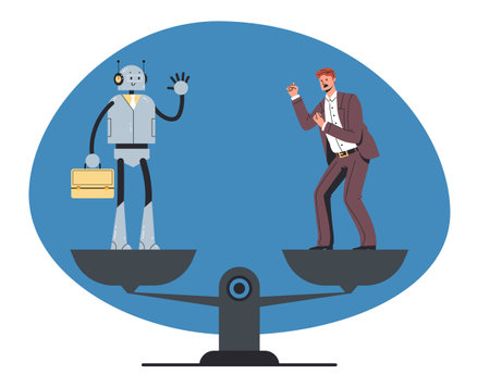 Robot AI intelligence vs human people workers employee concept. Vector flat graphic design illustrationのイラスト素材