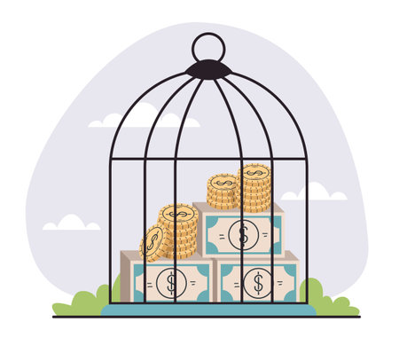 Business money mortgage finance investment saving locked in cage concept. Vector flat graphic design illustrationのイラスト素材