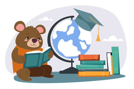 Forest cute animal characters reading book school library concept. Vector flat graphic design illustrationのイラスト素材