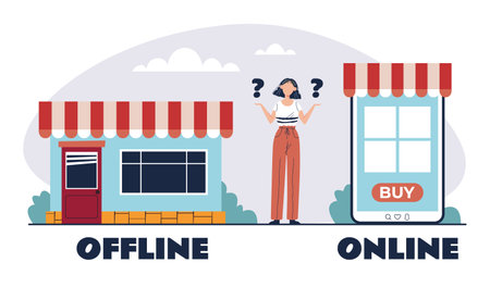 Offline online store shop business app commerce concept. Vector flat graphic design illustrationのイラスト素材