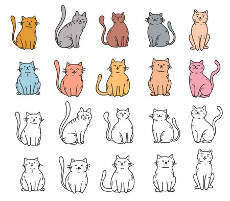 Cat pet cute animal character drawing doodle line art isolated set. Vector flat graphic design illustrationのイラスト素材