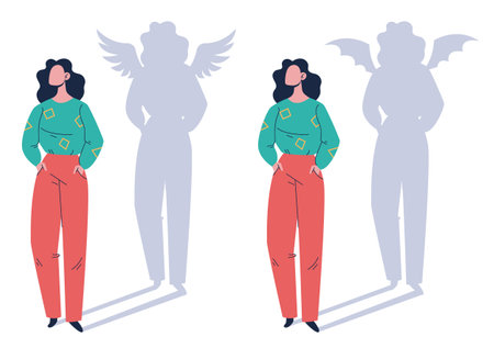 People character with devil angel shadow concept. Vector flat graphic design illustrationのイラスト素材