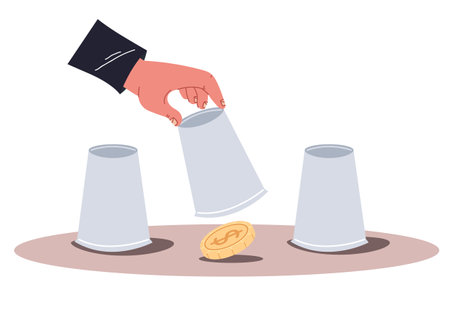 Winning guessing money game business safety trick hide strategy concept. Vector flat graphic design illustrationのイラスト素材