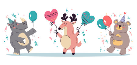 Birthday party cute jungle animals celebration isolated set. Vector flat graphic design illustrationのイラスト素材