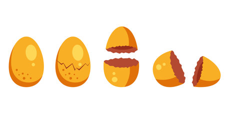 Golden egg broken open eggshell isolated set. Vector flat graphic design illustrationのイラスト素材