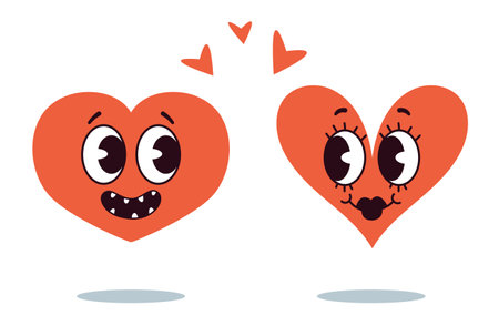 Heart retro cute character love cartoon isolated set. Vector flat graphic design illustrationのイラスト素材