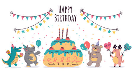Birthday animal cute party kid celebration concept. Vector flat graphic design illustrationのイラスト素材