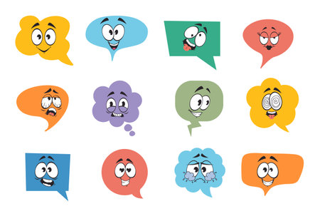 Speech social media bubbles with face character chat isolated set. Vector flat graphic design illustrationのイラスト素材