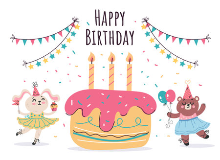 Birthday animal cute party kid celebration concept. Vector flat graphic design illustrationのイラスト素材