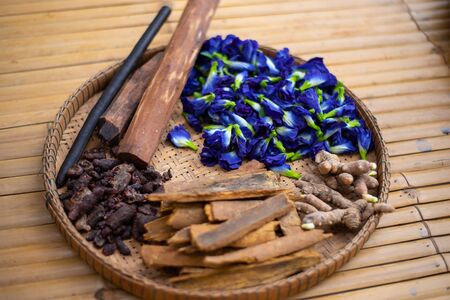 litoria ternatea, commonly known as Asian pigeonwings  bluebellvine, blue pea, butterfly pea, cordofan pea and Darwin pea  is a plant species belonging to the family Fabaceae.の写真素材