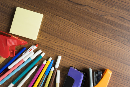office or education equipment for student top view on wood background still life style