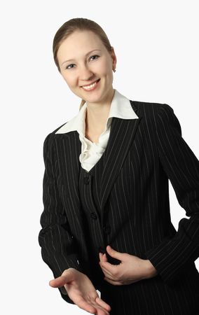 Young beautiful businesswoman stretch out her  hand for handshake. isolated on white backgroundの写真素材