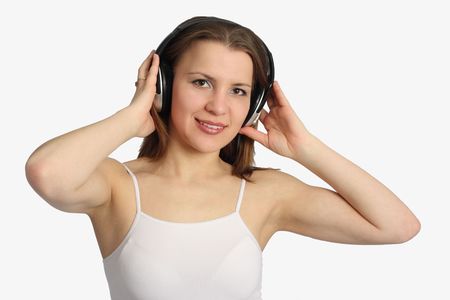 Young woman listen music in headphonesの写真素材