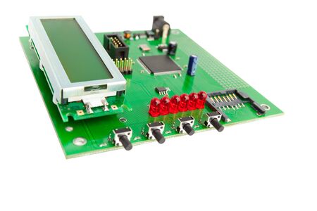 Electronic board with chip isolated on whiteの写真素材