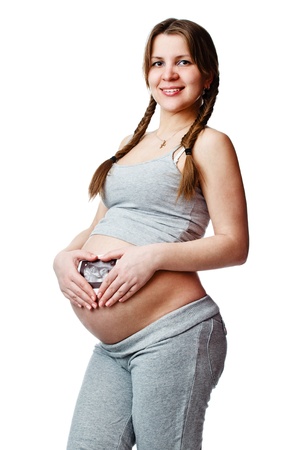 Pregnant woman with  ultrasound image. Isolated on whiteの写真素材