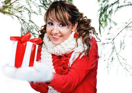 sexy woman with present wrapped in white paper, isolated on whiteの写真素材