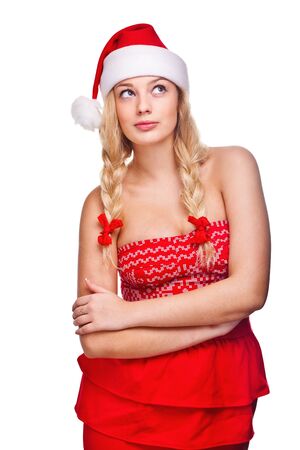 sexy woman dressed as Santa Claus on a white backgroundの写真素材