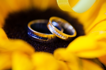 gold wedding rings on the flowerの写真素材