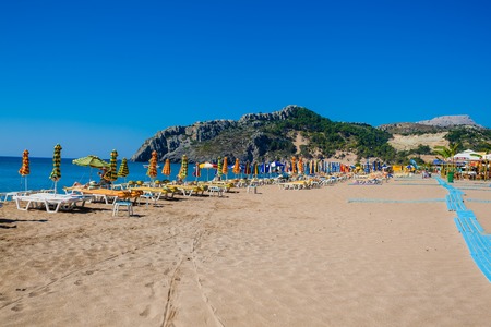 view of the beach with chairs and umbrellas. Greeceのeditorial素材