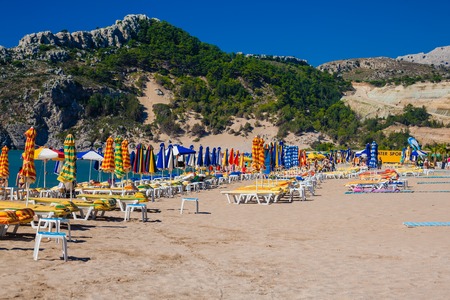 view of the beach with chairs and umbrellas. Greeceのeditorial素材