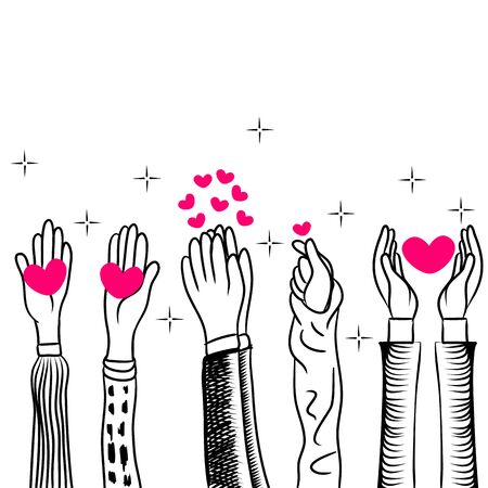 doodle hands up,Hands clapping with love. Concept of charity and donation. Give and share your love to people. vector illustrationのイラスト素材