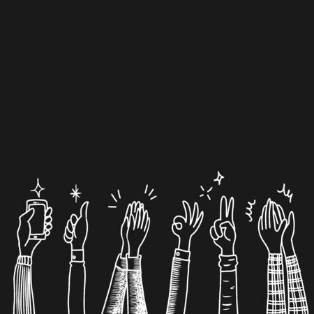 Hand Drawn sketch style of Human hands clapping ovation. applause, thumbs up gesture on doodle style , vector illustration.のイラスト素材