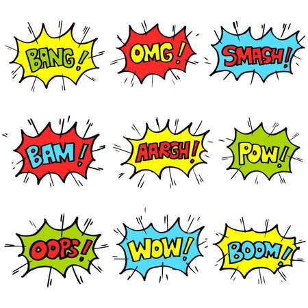 set of Hand drawn comic speech bubbles with emotion and text . vector doodle comic explosion cartoon...