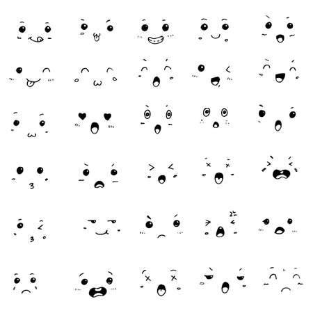 set of hand drawn vector doodle Kawaii cute faces emoticons icon sketch illustrationsのイラスト素材